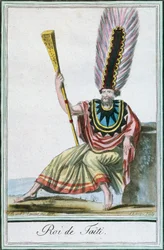 Roi de Tahiti, Îles de la Société, gravure en couleur d