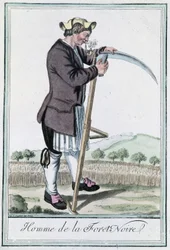 Homme de la Forêt-Noire, aiguisant sa faux pour la récolte - dans "Encyclopedia of Voyages" de Grasset St Sauveur, éd. Deroy, Paris