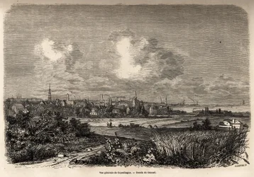 Vue générale de Copenhague, dessin de Jacques Guiaud (1810-1876), pour illustrer le voyage de J.M. Dargaud au Danemark (1800-1860), en 1860. Gravure dans "Le tour du monde", édité par Edouard Charton