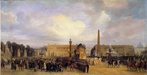 Le retour des cendres de Napoléon Ier (1769-1821) à Paris le 15/12/1840 : le cortège traverse la Place de la Concorde