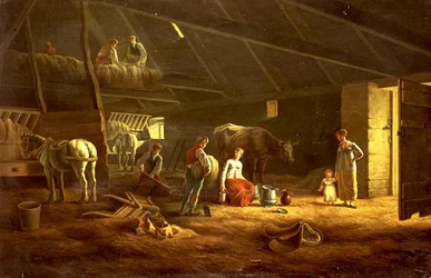 Une Laitière, des Ouvriers Agricoles et des Chevaux de Labour dans une Grange