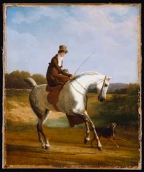 Mlle Cazenove sur un chasseur gris, un chien courant à côté
