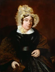 Portrait de Mme Edward Cross, assise à mi-longueur dans une robe en satin foncé avec un châle paisley