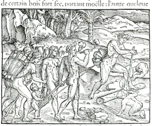 Amérindien faisant du feu après la chasse, gravé par Theodor de Bry (1525-75)
