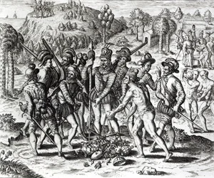 Les Espagnols recevant des cadeaux des Indiens, de 