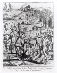 Les Indiens attaquent les prêtres et autres et incendient leurs maisons, gravure de 