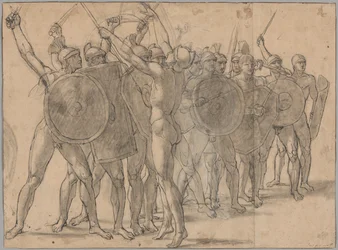 Soldats nus gesticulant avec leurs armes (recto) ; deux études de draperie pour la figure de Tatius (verso)