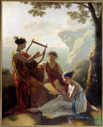 Poétesse grecque Sapho (Sappho) jouant de la lyre avec deux de ses compagnes