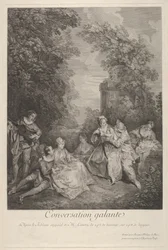Conversation galante : couples conversant dans un jardin, 1743