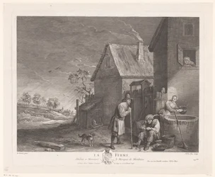 Deux hommes et une femme devant le puits à une ferme
