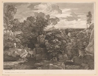 Paysage fluvial avec cascades et quelques moines