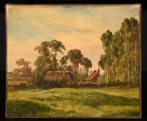 Paysage avec vue de ferme à travers les arbres