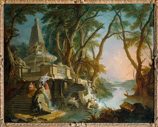 Paysage compose: la rivière, dit aussi Fontaine pyramidale avec une statue de Neptune brisee - Imaginary landscape: the river …
