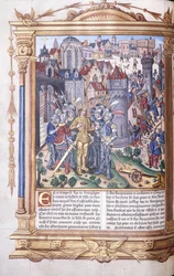 Manuscrit enluminé représentant un roi et son armée devant une ville, 1503-04