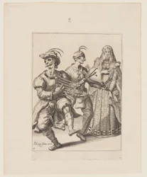Femme voilée avec deux musiciens jouant d