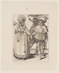 Homme au turban guidant une femme portant des plumes de paon, derrière eux un porte-flambeau, des Mascarades