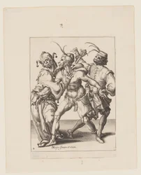 Trois marionnettes dansantes, dont un bouffon, extraites de The Masquerades (Les mascarades)