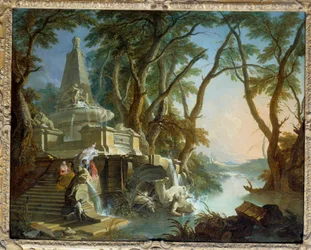 Paysage composé ou la rivière. Fontaine pyramidale avec statue de Neptune brisée. Peinture de Jacques de Lajoue