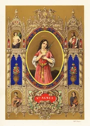 Portrait de Sainte Agnès de Rome, vierge martyre, avec auréole et feuille de palmier dans une bordure décorative