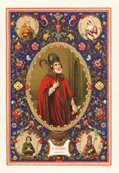 Portrait de Saint Hilaire, évêque de Poitiers, avec mitre et crosse, dans une bordure décorative de feuillage
