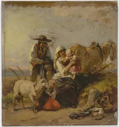 Famille paysanne avec cheval et chèvre dans un champ
