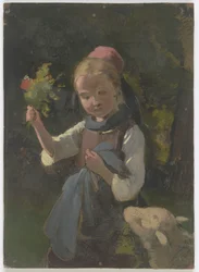 Jeune paysanne avec un bouquet de fleurs, un mouton venant de droite