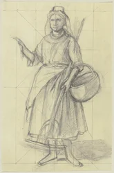 Jeune paysanne avec râteau et panier