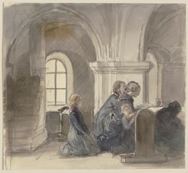 Paysans priant dans une église