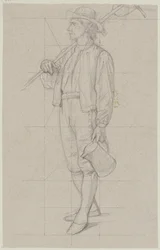 Paysan marchant avec un râteau sur l