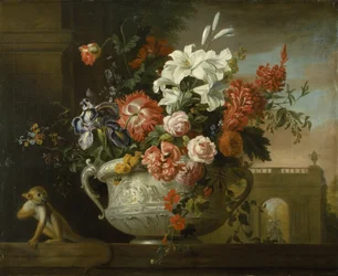 Nature morte avec des fleurs dans une urne, avec un singe, sur un rebord