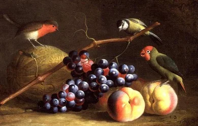 Trois oiseaux avec pêches, raisins et un melon