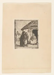 Deux femmes et un enfant devant une maison (Kleine bedelaarster)