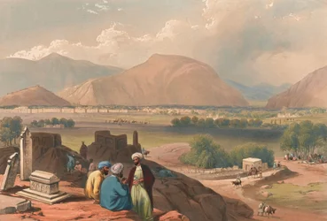 Kaboul, depuis un cimetière sur la crête de la montagne, au nord-est de la ville (lithographie, teintée)