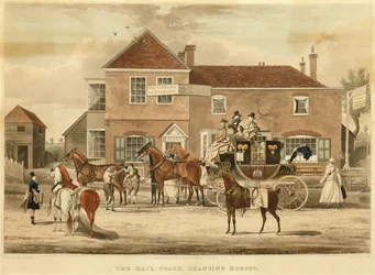 Le courrier changeant de chevaux, vers 1825 (gravure)