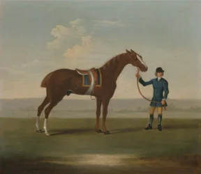 Un cheval alezan (peut-être Old Partner) tenu par un palefrenier
