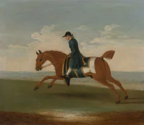 Cheval de Course Alezan Exerçé par un Entraîneur en Manteau Bleu