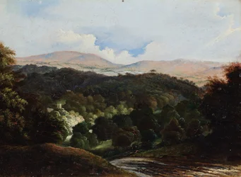 Paysage avec bâtiments dans une forêt (huile sur carton moulin)