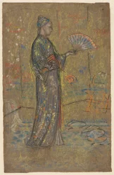 Femme japonaise peignant un éventail recto, femme debout tenant sa robe verso, vers 1872