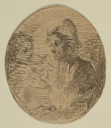 Vieille femme et enfant en ovale des croquis sur la plaque de l
