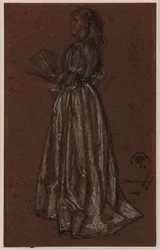 Personnage debout avec un éventail, vers 1873/1876 (craie noire et blanche sur papier brun)