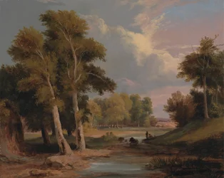 Paysage fluvial boisé avec pêcheurs