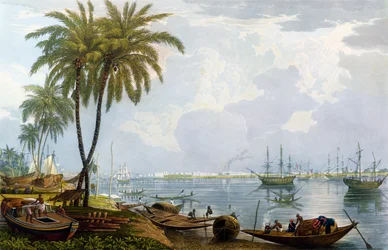 Vue de Calcutta, depuis un point en face de Kidderpore, 1837, gravé par Robert Havell le Jeune
