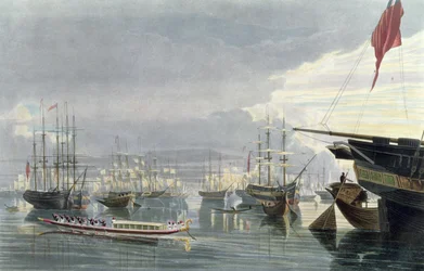 Vue de la rivière, des navires et de la ville de Calcutta, près de Smiths Dock, 1837, gravé par Robert Havell le Jeune
