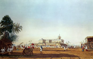 Lall Bazaar et la chapelle portugaise, Calcutta, gravé par Robert Havell, pub. 1824