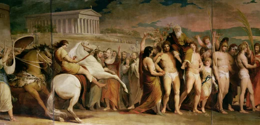 Couronnement des vainqueurs à Olympie, troisième partie de la série « Le Progrès de la culture et du savoir humains », détail du panneau central représentant Diagoras, vers 1777-1801