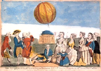 Le roi, la reine, etc. regardant un ballon lâché dans le jardin du château de Windsor
