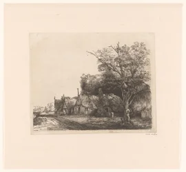 Paysage avec trois cottages à pignon le long d