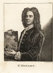 Portrait de Peter Monamy, peintre marin anglais tenant une scène maritime