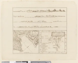 ii. (a) Quatre profils de la côte de la Terre de Feu (b) Un plan de Success Bay dans le détroit de Le Maire (c) Une carte de la partie sud-est de la Terre de Feu, gravée par T. Borven et J. Gibson