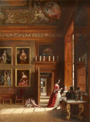 Vue romantique de la Grande Chambre du roi avec un groupe de personnes en costume du XVIIe siècle, vers 1703-05